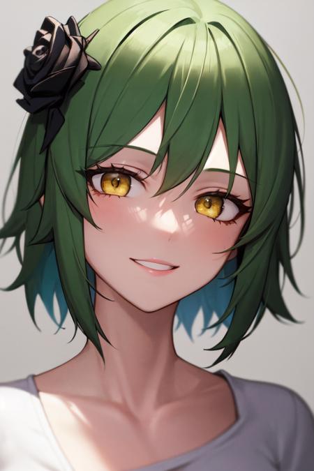 2497262-3861712677-masterpiece, best quality, absurdres, perfect anatomy, 1girl, solo, green hair, medium hair, yellow eyes, smile, portrait, HairR.png